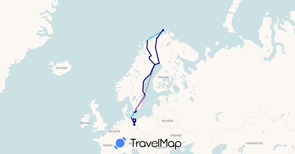TravelMap itinerary: driving, bus, plane, train, hiking, boat, hitchhiking in Germany, Norway, Sweden (Europe)